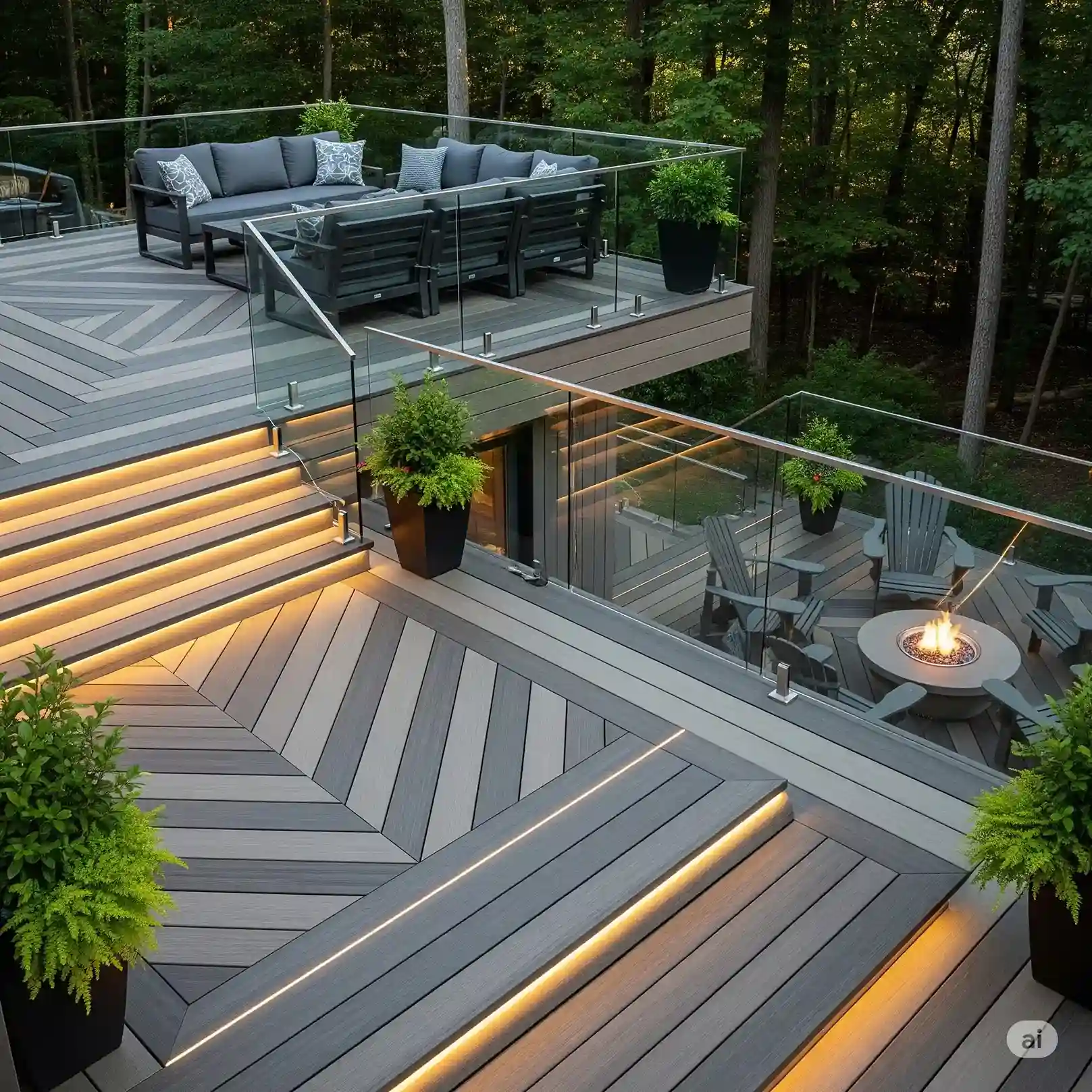 Multi-level composite deck with lighting installation