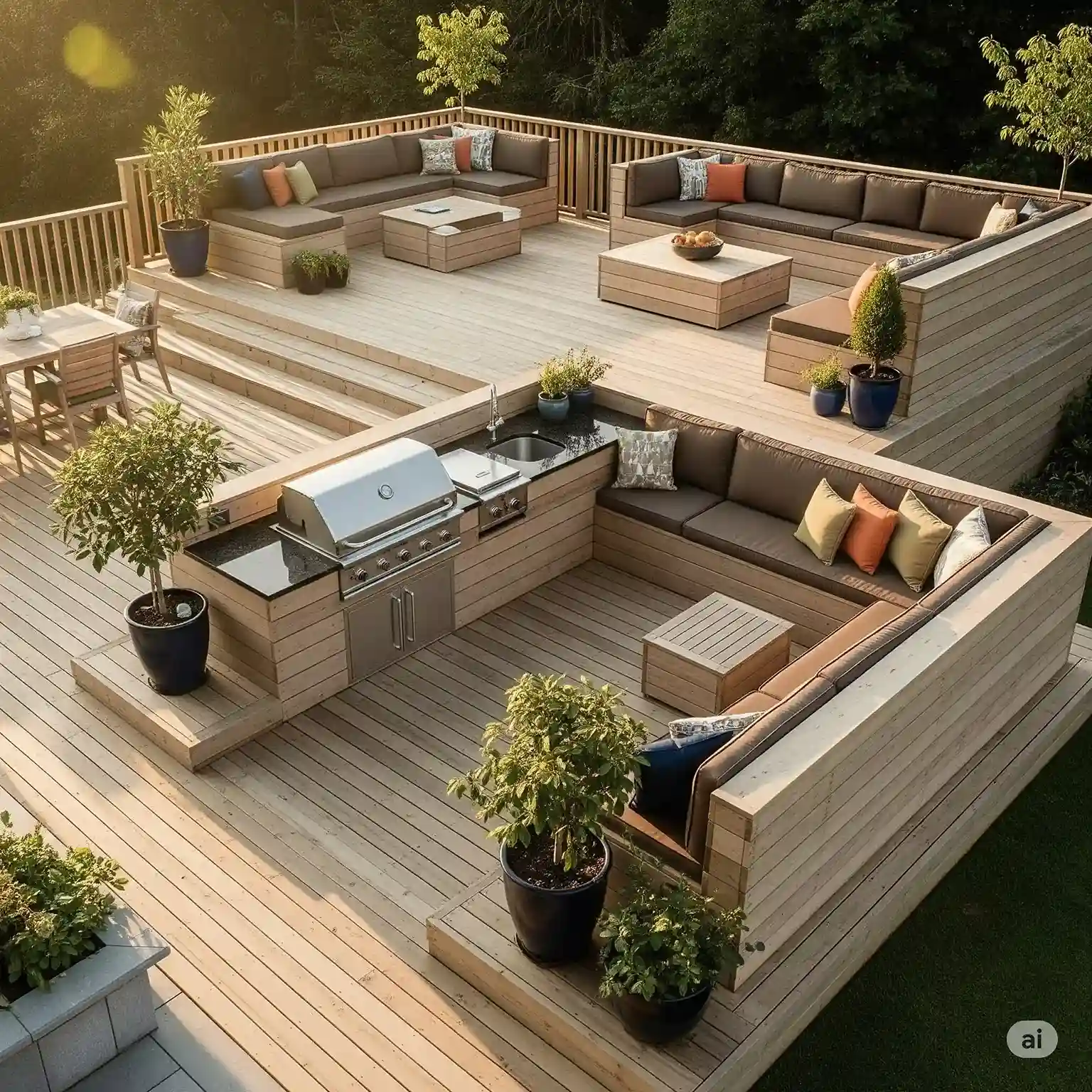Large entertainment deck with built-in seating