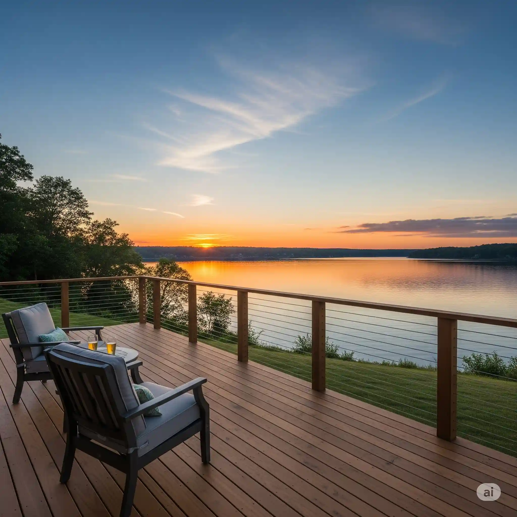 Waterfront deck with cable railings